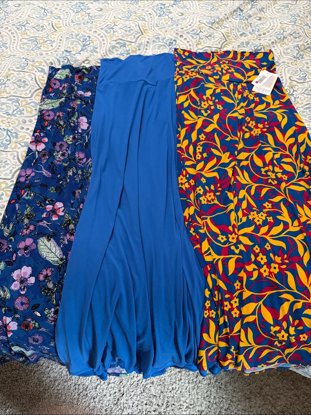 LuLaRoe Maxi Skirts Trio in Blue, Navy, Yellow-Red Print